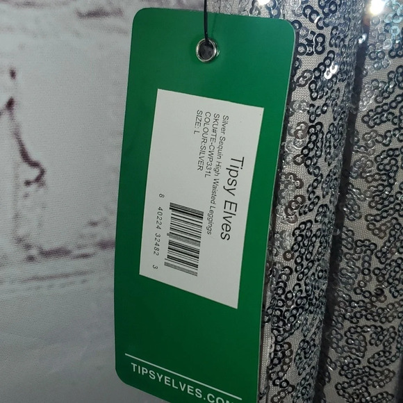 Tipsy Elves Silver Sequin High Waisted Leggings Women's Size L NWT - Picture 8 of 13